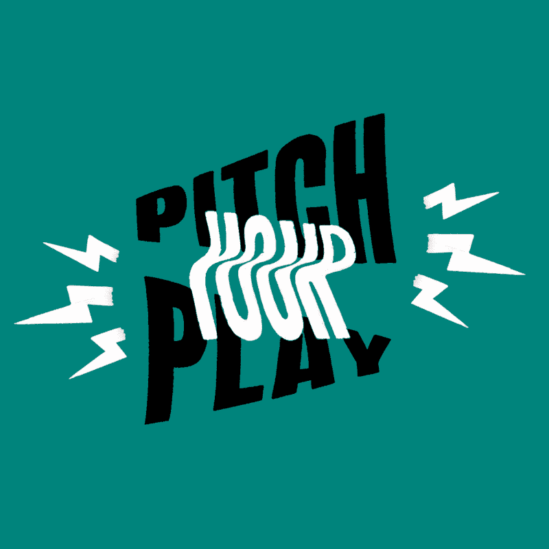 Pitch Your Play black and white logo against a teale background. Lightening bolts coming out of two mega phone shaped words, Pitch and Play.
