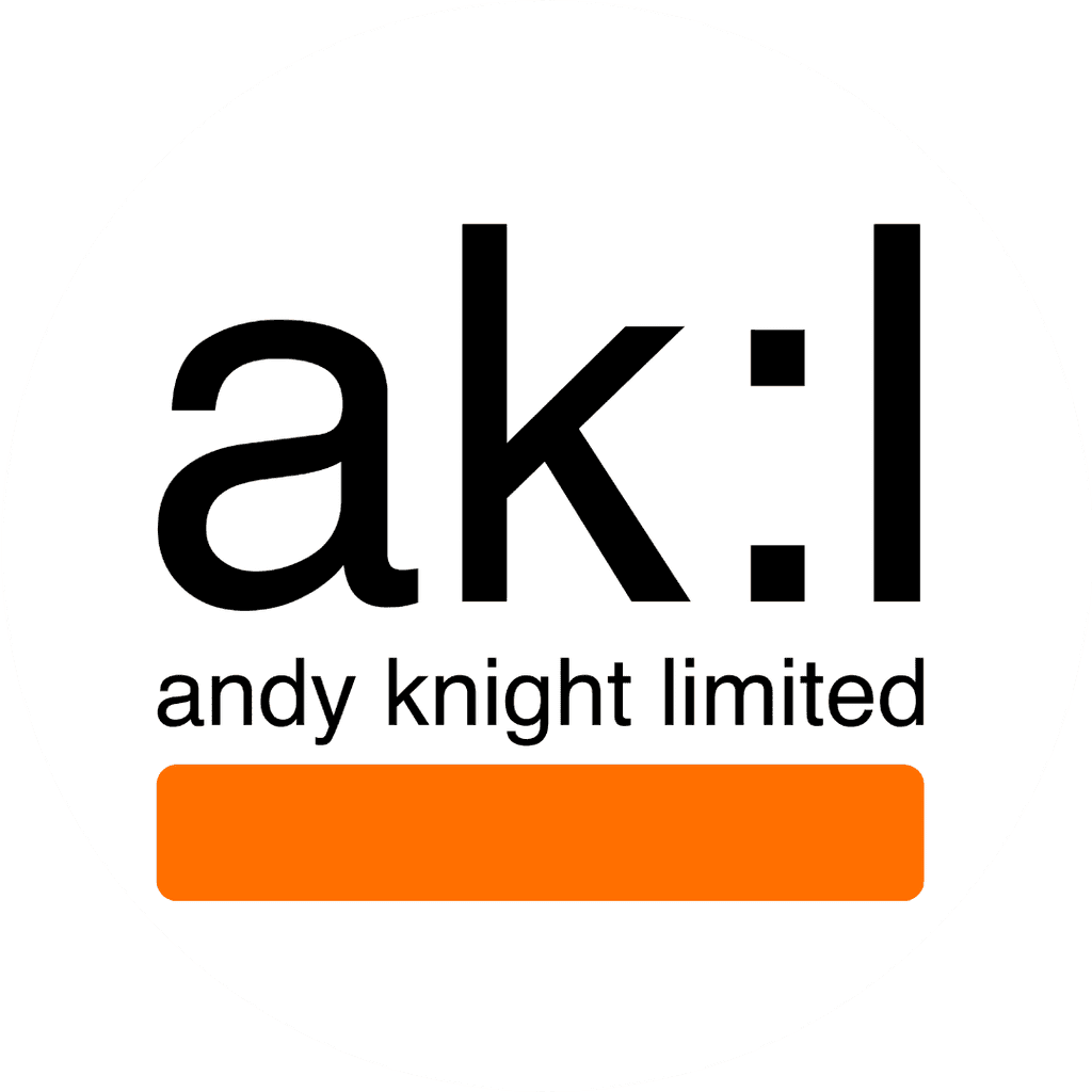 An image with the text "ak:l" followed by "andy knight limited" below it and an orange horizontal bar at the bottom.