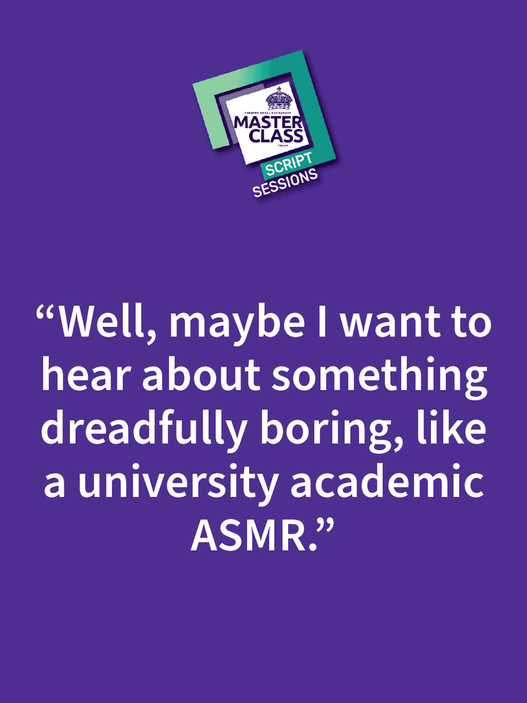 A purple graphic featuring a humorous quote about wanting to hear something dreadfully boring, like a university academic ASMR.