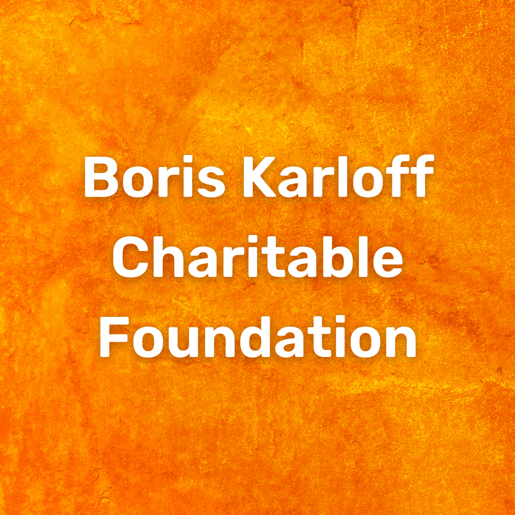 The logo for the "Boris Karloff Charitable Foundation" with text in a clean, bold font. The background is a textured and  vibrant orange.