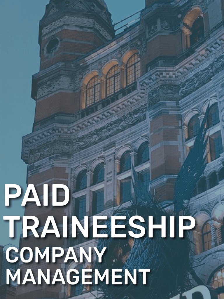 The Palace Theatre  is illuminated against a twilight sky, featuring text that promotes a paid traineeship in company management.