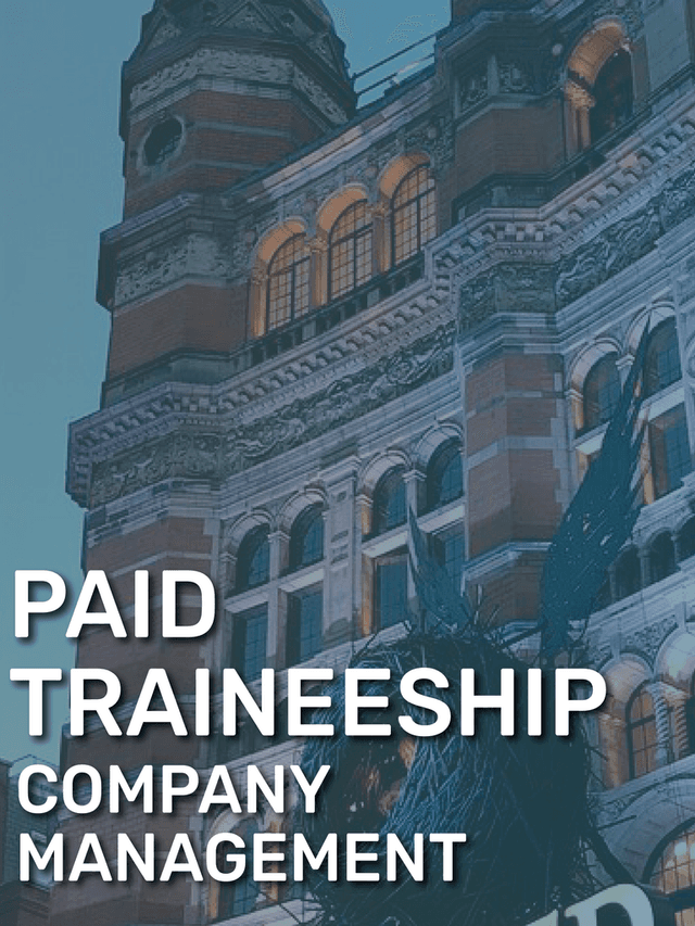 The Palace Theatre  is illuminated against a twilight sky, featuring text that promotes a paid traineeship in company management.