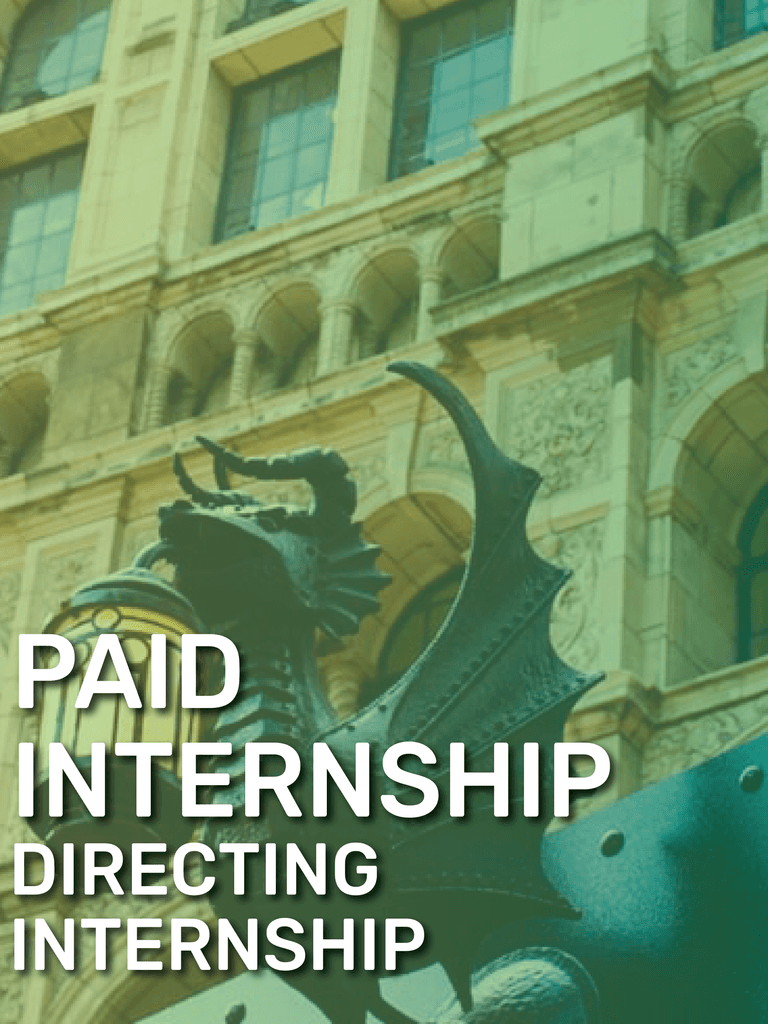 A decorative dragon-shaped lamp post in front of the Palace Theatre, promoting a paid directing internship opportunity.