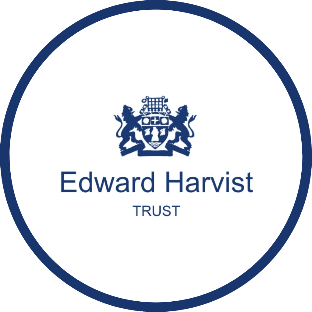 The Edward Harvist Trust logo, showcasing a unique blue emblem. The charity name is also in blue beneath the emblem, all surrounded by a blue circle.