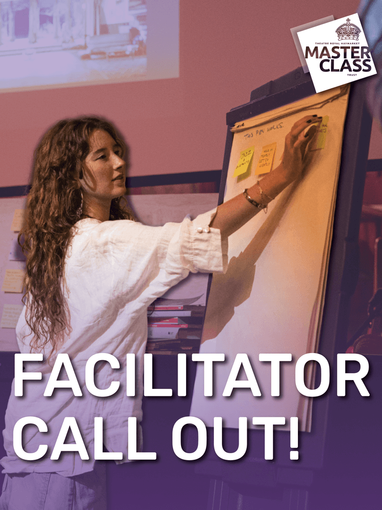 Text reads: FACILITATOR CALLOUT! Image of young woman writing on a flip chart with a purple hue.