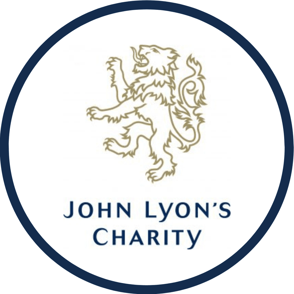 Logo of John Lyon's Charity featuring a rampant lion within a dark blue circle.