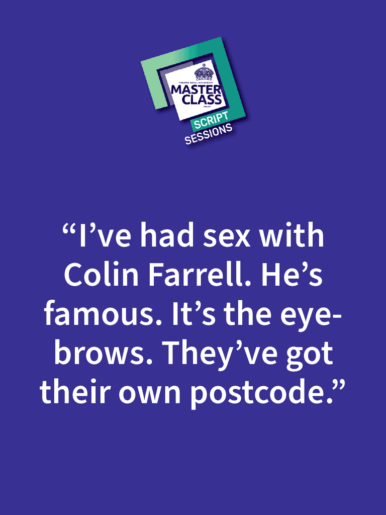 Text on a purple background quotes a humorous remark about Colin Farrell's famous eyebrows, attributed to a script session masterclass.