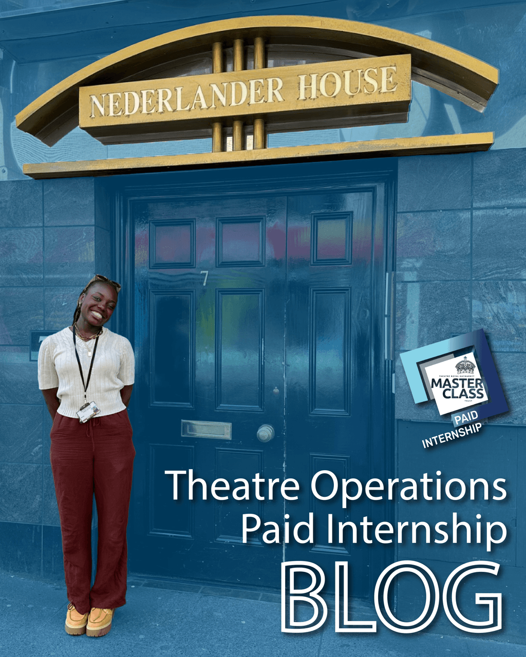 Nicole Kilama stands in front of Nederlader House, with text promoting a blog about their paid internship in theatre operations.