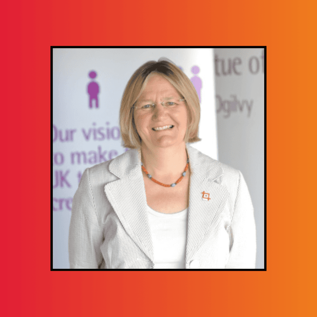 An image of Pauline Tambling CBE, against a red and orange gradient background.
