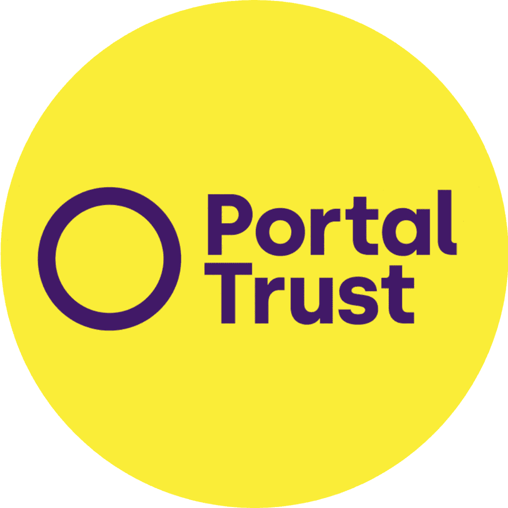 Logo of "Portal Trust" with large "O" and purple text on a yellow circle background.