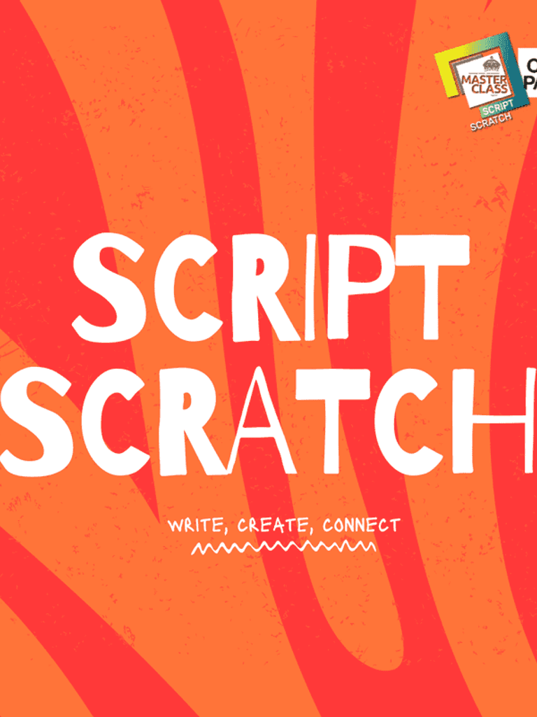 Orange and red swirled background, with Script Scratch & The Other Palace logo in top right. Large font overlayed 'SCRIPT SCRATCH'