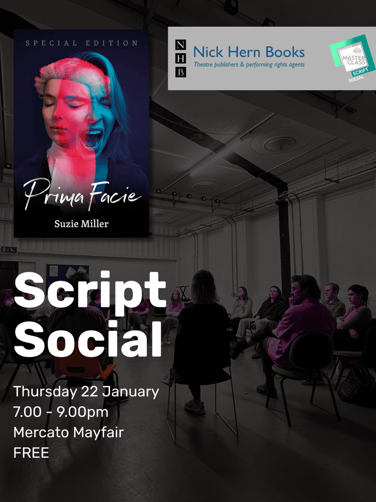 A group of young people sit in a circle. There is a show image for the production Prima Facie.