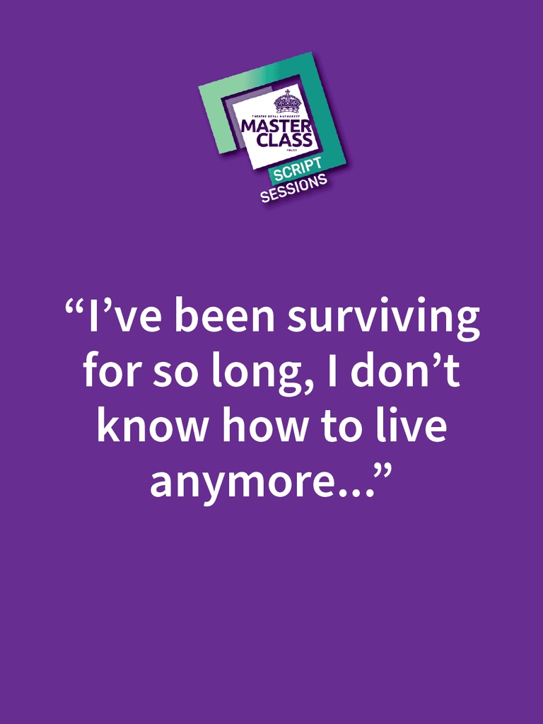 A purple background featuring a quote about struggling to live after prolonged survival, accompanied by a Masterclass logo.