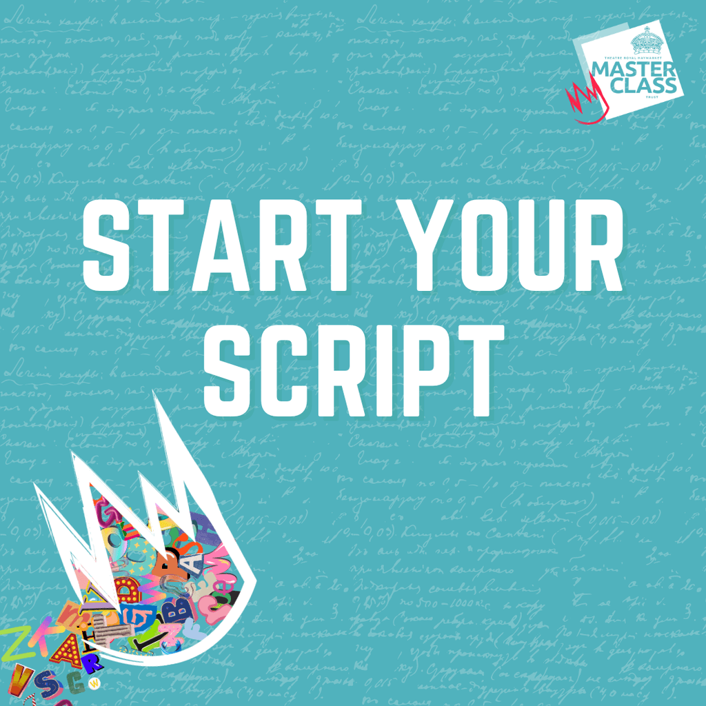 Text reads "START YOUR SCRIPT" on a light blue background with scattered handwritten notes, featuring a colorful graphic of letters.