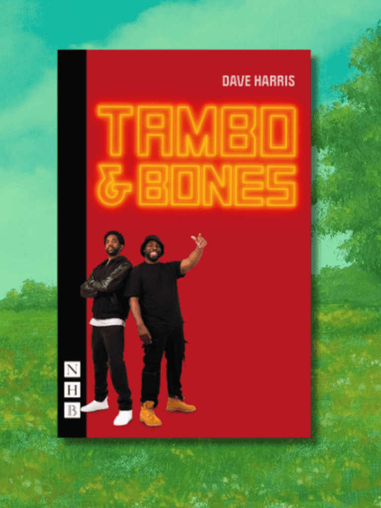 The front cover of Tambo & Bones script by Dave Harris, with a background of a painted landscape overlayed in green.