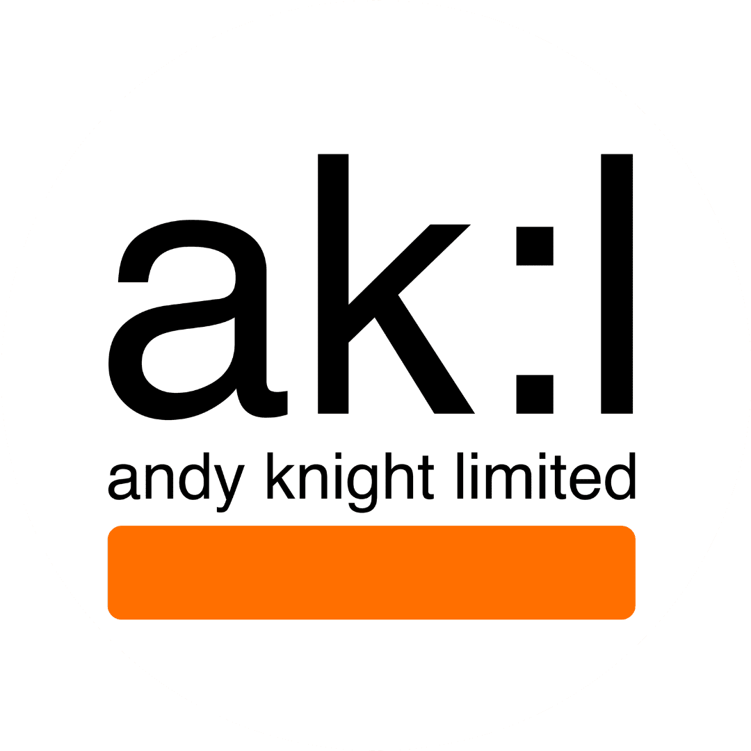 An image with the text "ak:l" followed by "andy knight limited" below it and an orange horizontal bar at the bottom.