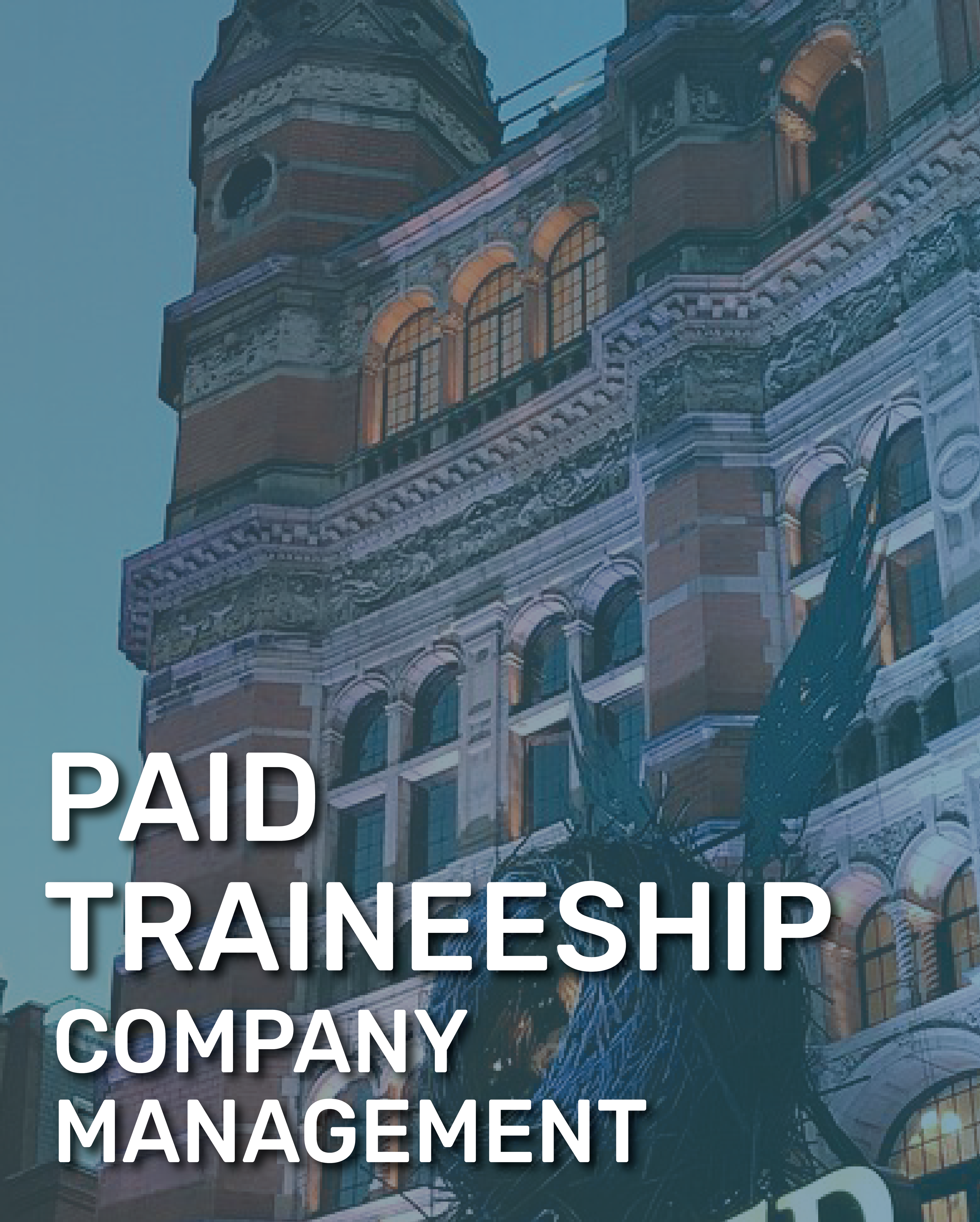 The Palace Theatre  is illuminated against a twilight sky, featuring text that promotes a paid traineeship in company management.