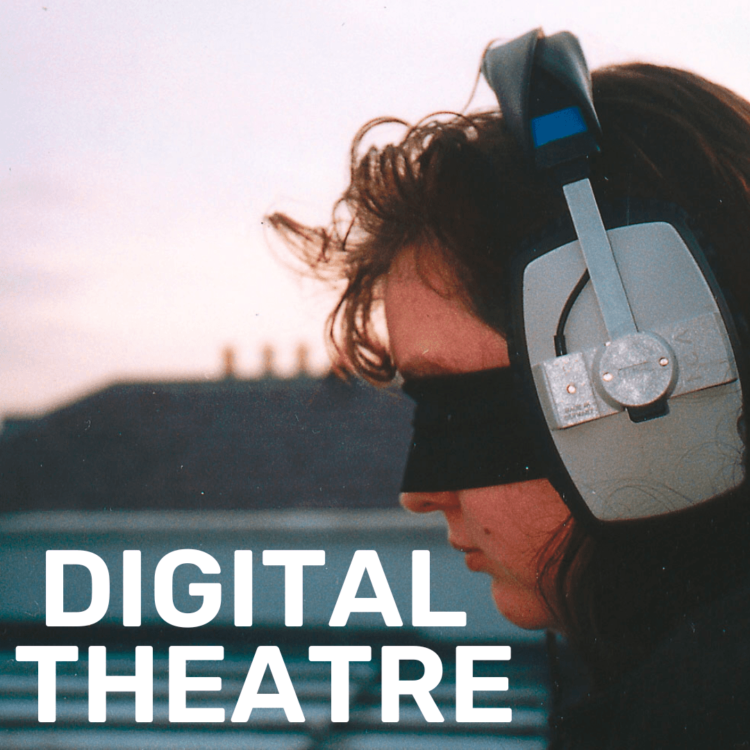 A woman wearing headphones and a blindfold