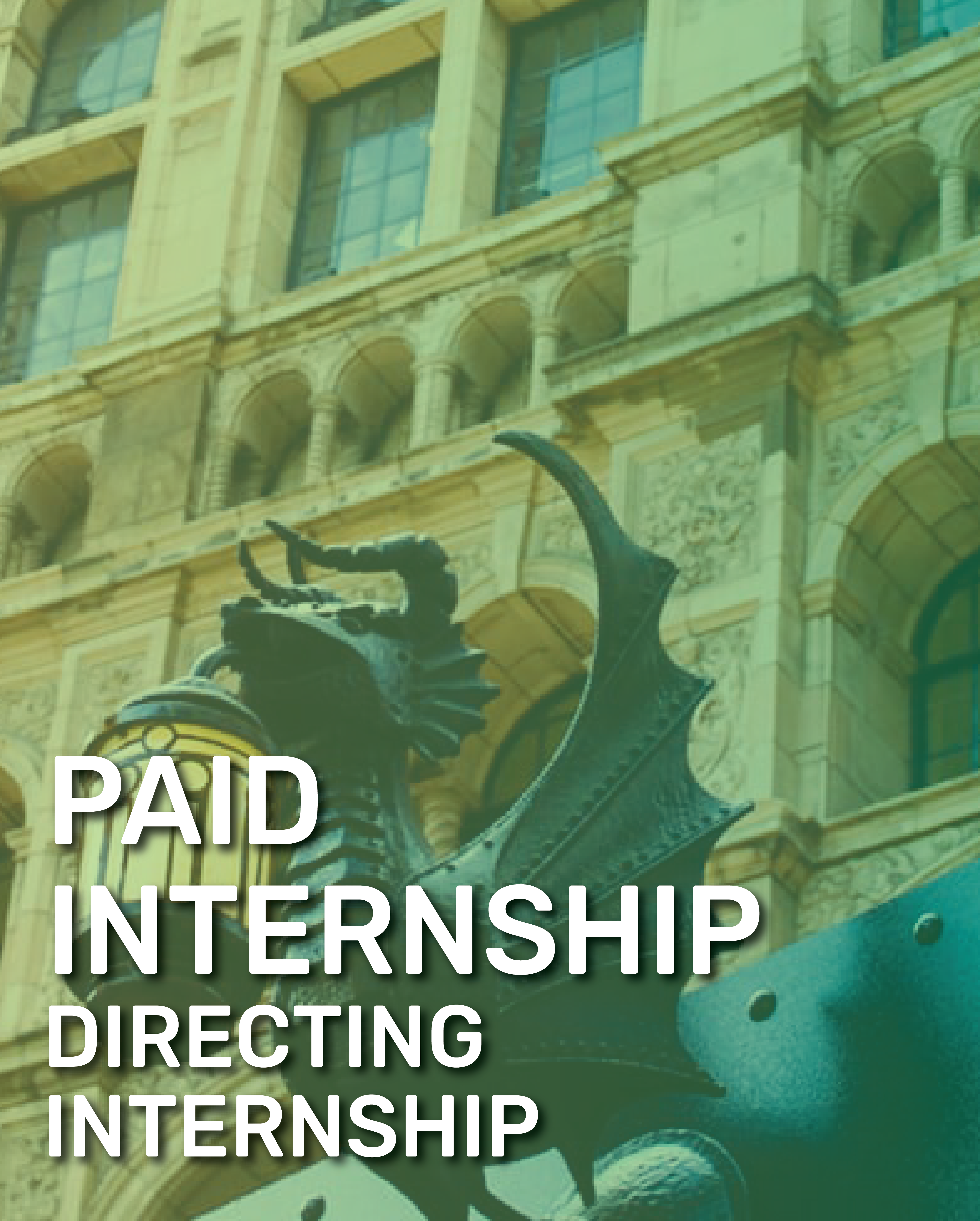 A decorative dragon-shaped lamp post in front of the Palace Theatre, promoting a paid directing internship opportunity.