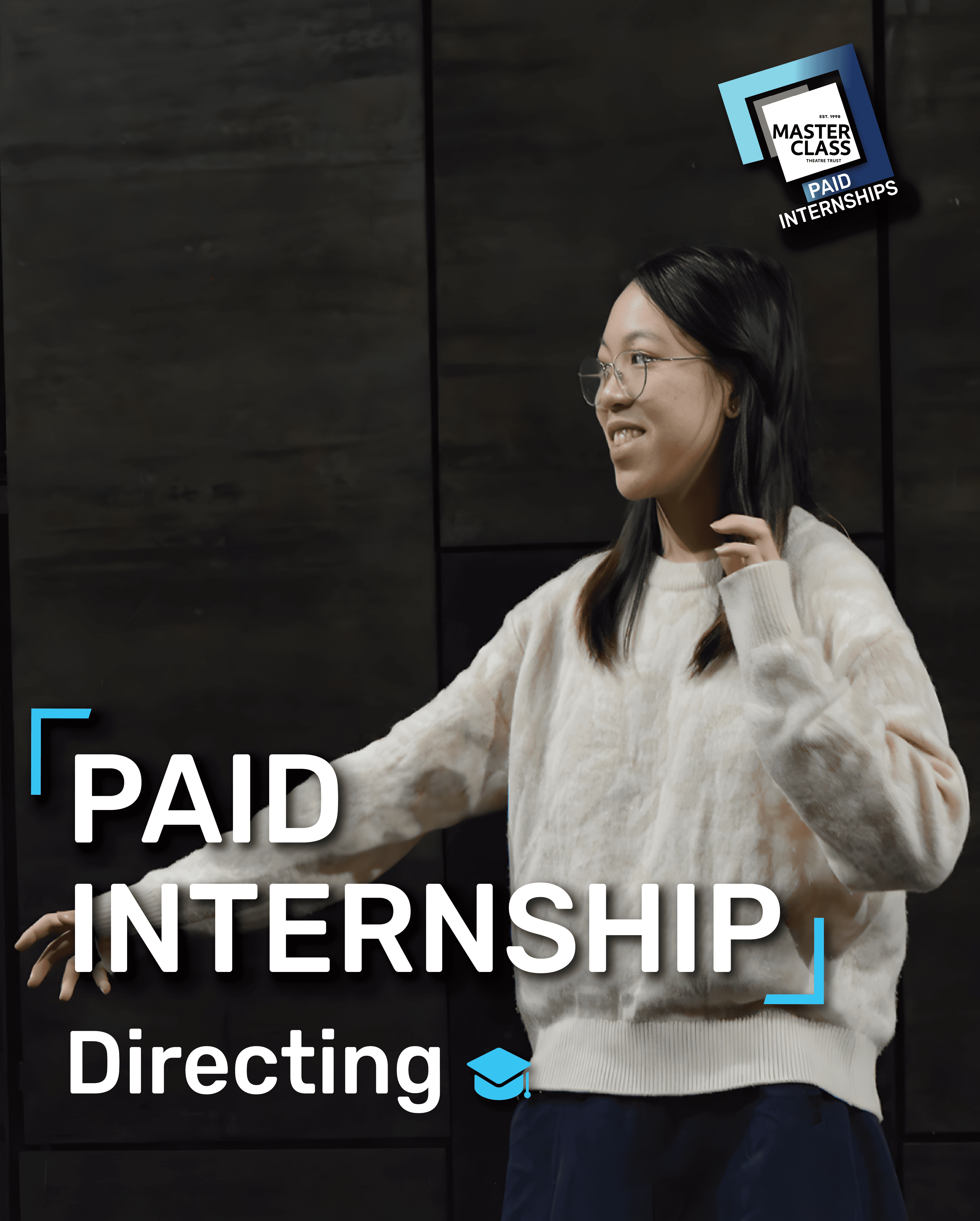 Young person in cozy sweater gestures with hands, promoting a paid directing internship by Masterclass Theatre Trust.
