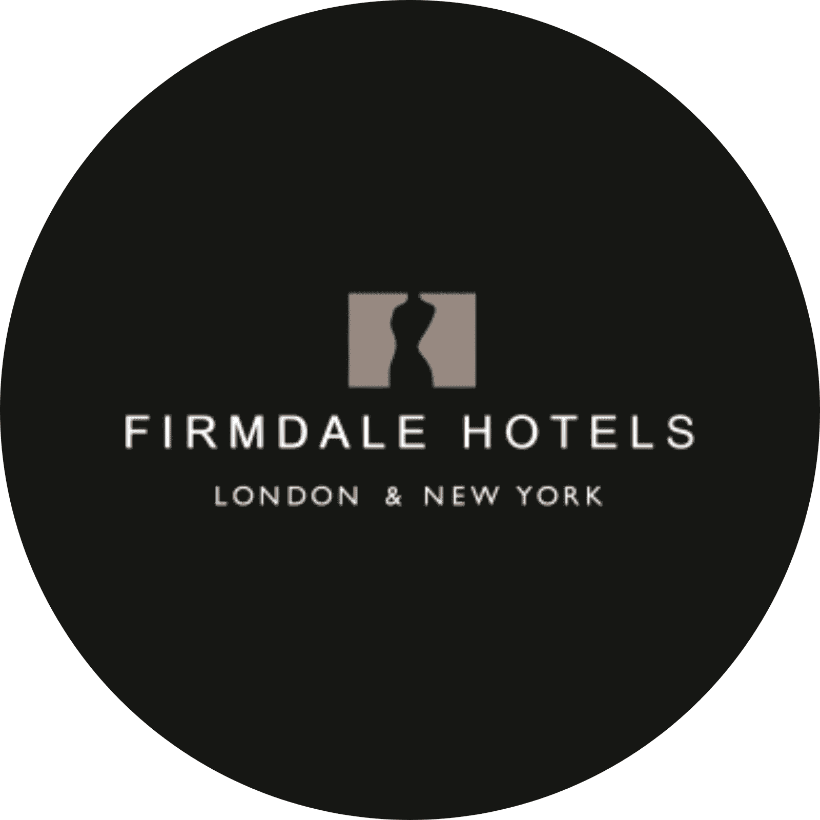 The logo for Firmdale Hotels, featuring a visual representation of their chic interiors and exteriors through black and beige colours. The name of the brand is central with London & New York written beneath.