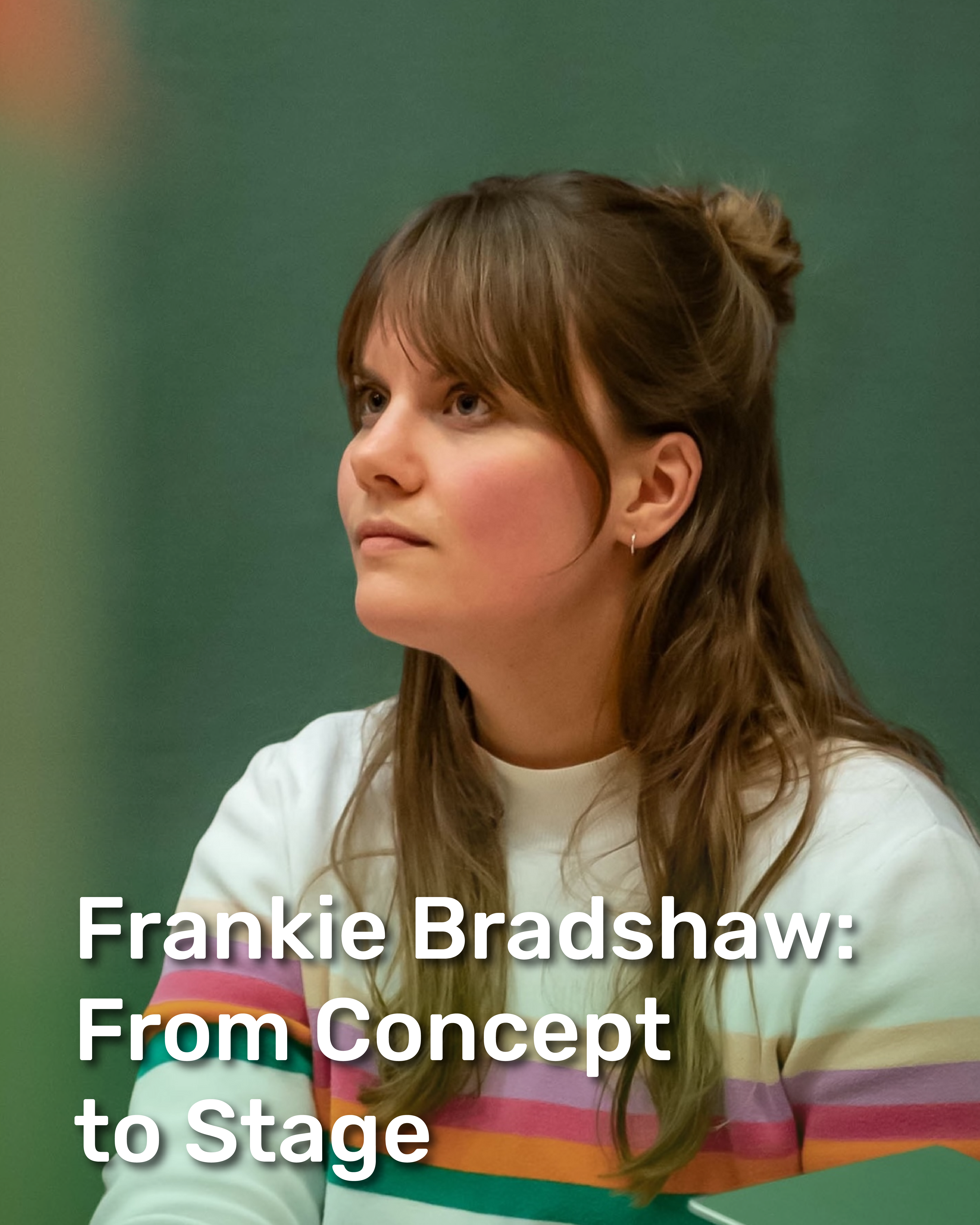 Frankei Brandshaw, a female with long hair and a colorful striped sweater seated, engaged in a discussion against a green backdrop.