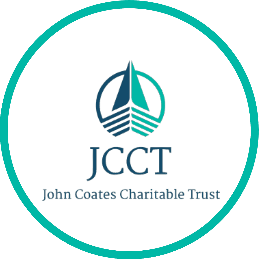 Logo of John Coates Charitable Trust with abstract design and text on white and teal background.