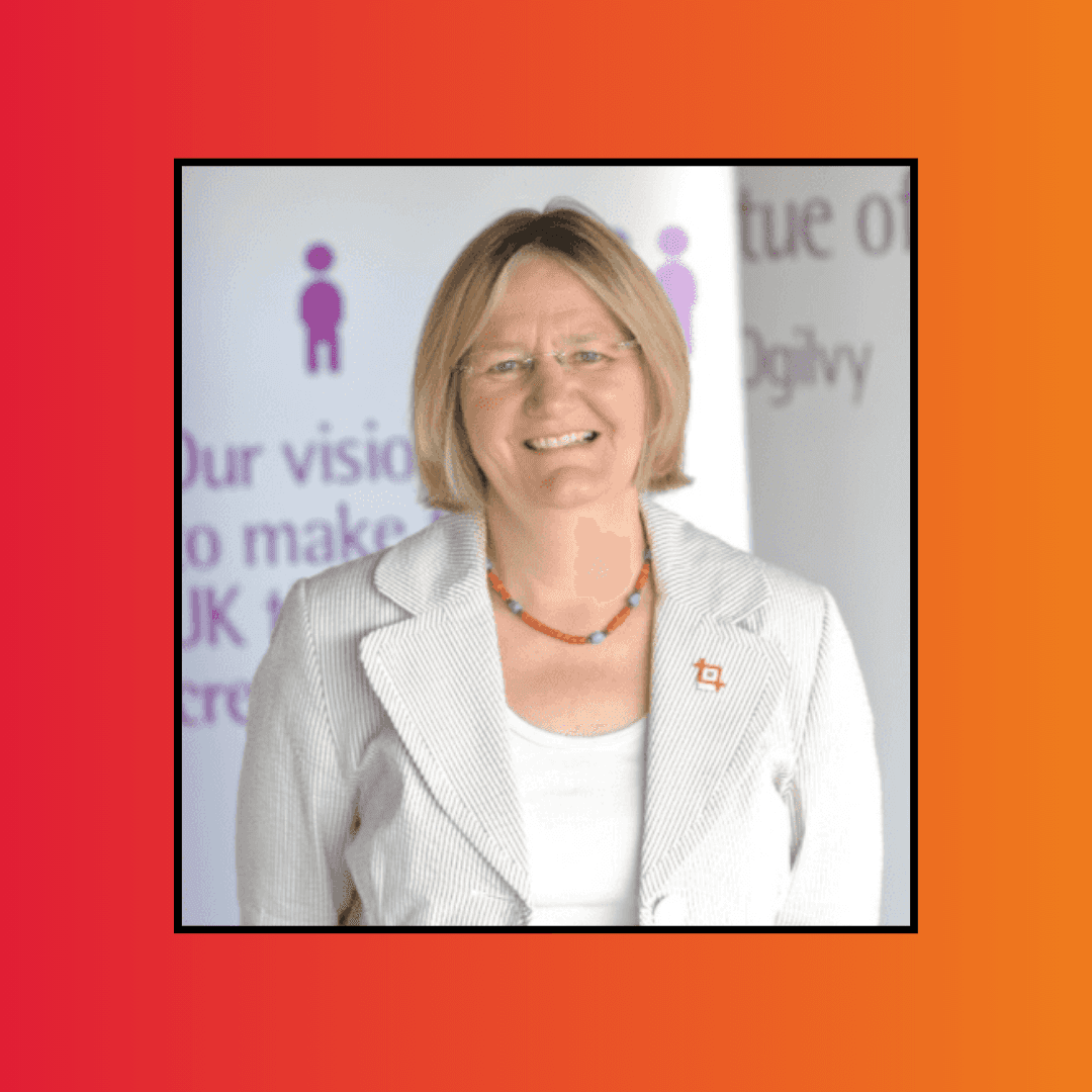An image of Pauline Tambling CBE, against a red and orange gradient background.