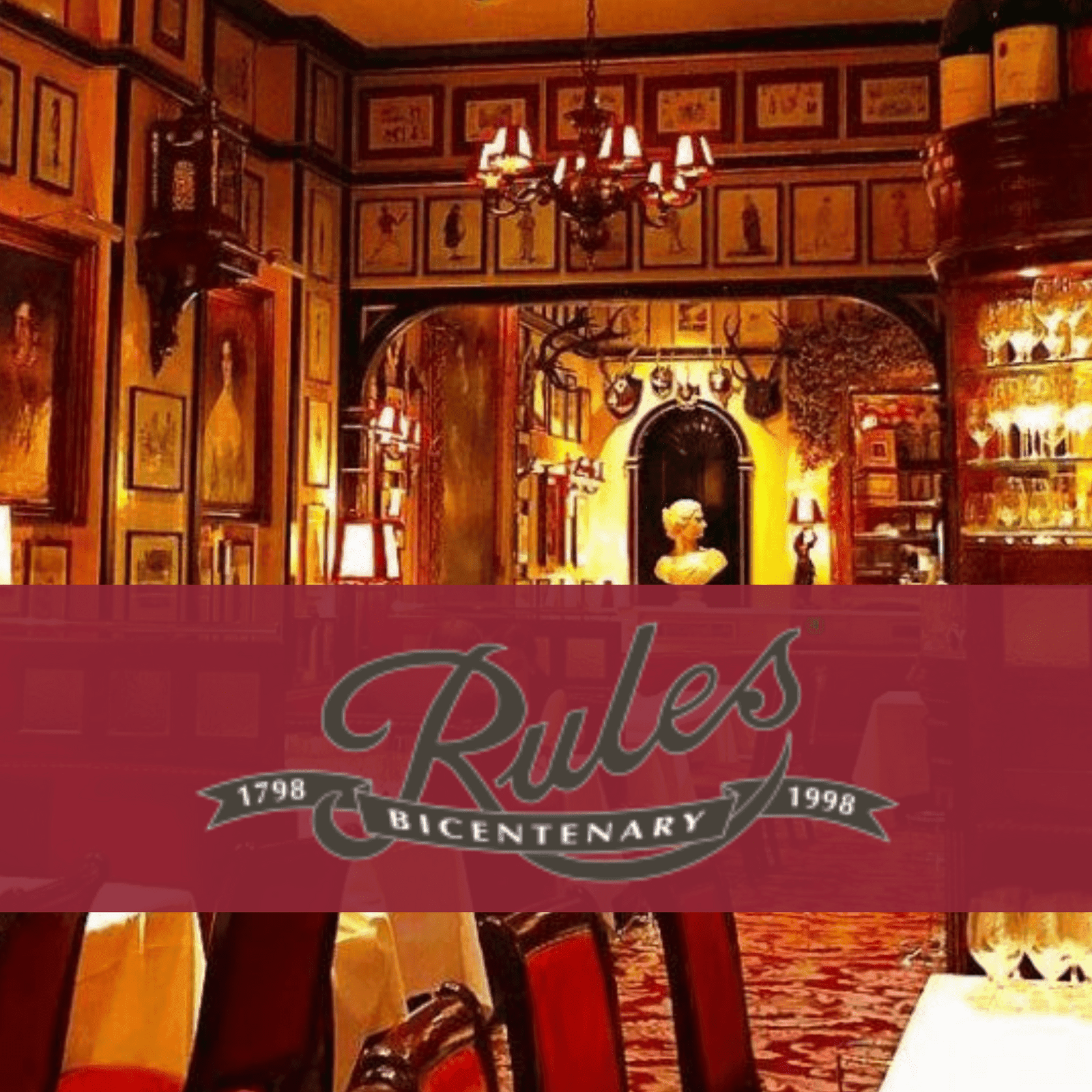 Elegant vintage restaurant interior with chandeliers and framed art on the walls. Rules Restaurant is written in the centre over a red block.