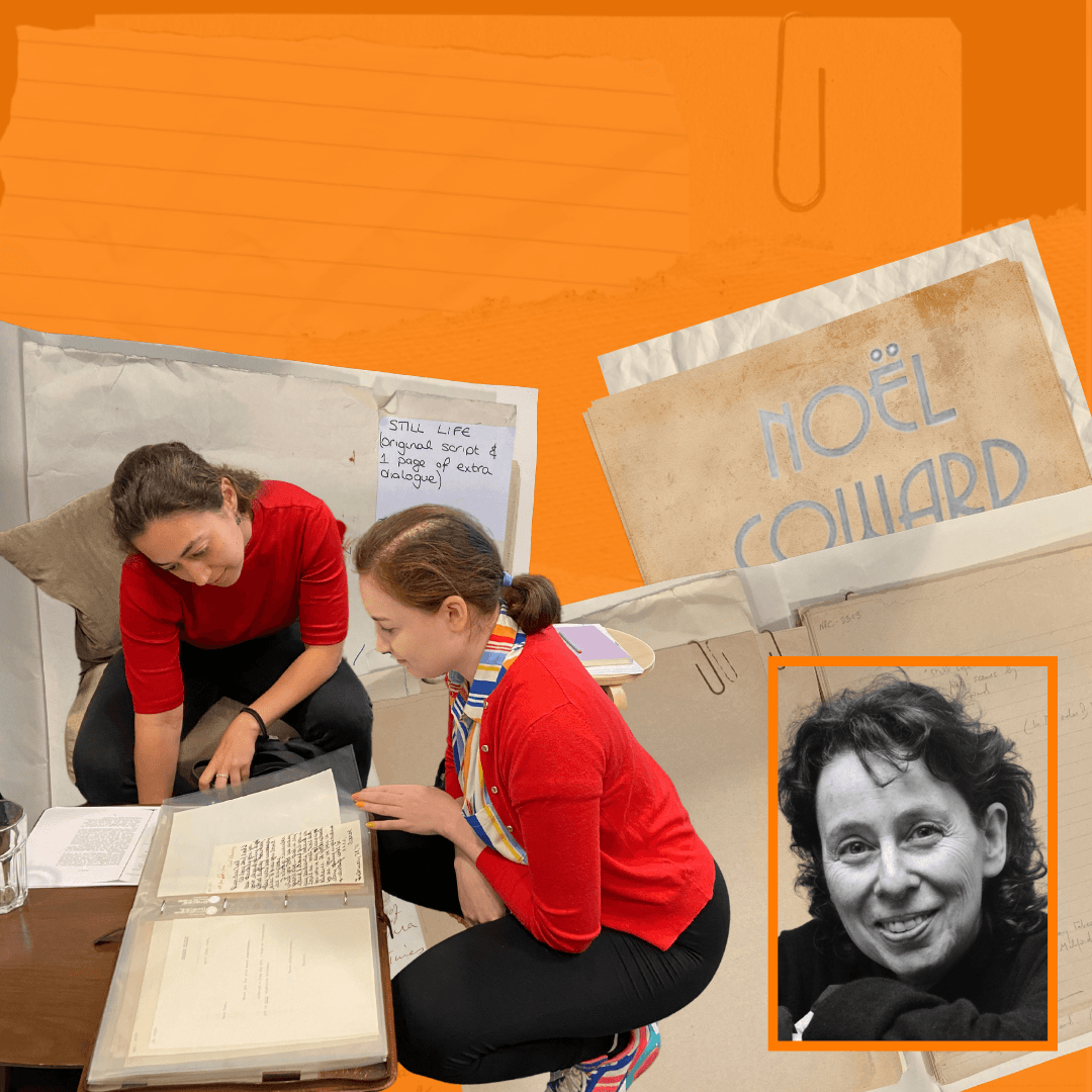 Two Masterclass members in red tops reading Noel Coward notebooks. Headshot of Marcy Kahan in black and white. Orange background