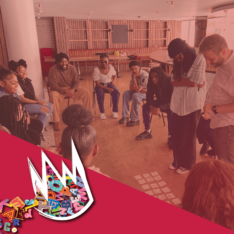 A group from Avenues Youth Group taking part in a workshop at The Other Palace. A red gradient overlayed, with a crown logo.