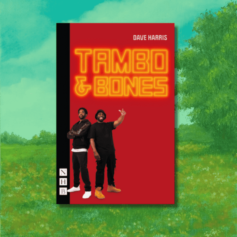 The front cover of Tambo & Bones script by Dave Harris, with a background of a painted landscape overlayed in green.