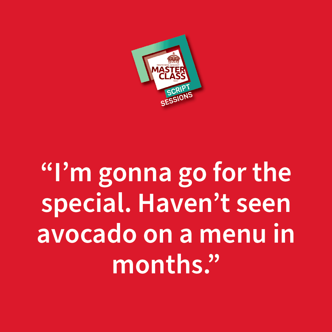 A red background with "I'm gonna go for the special. Haven't seen avocado on a menu in months." quoted
