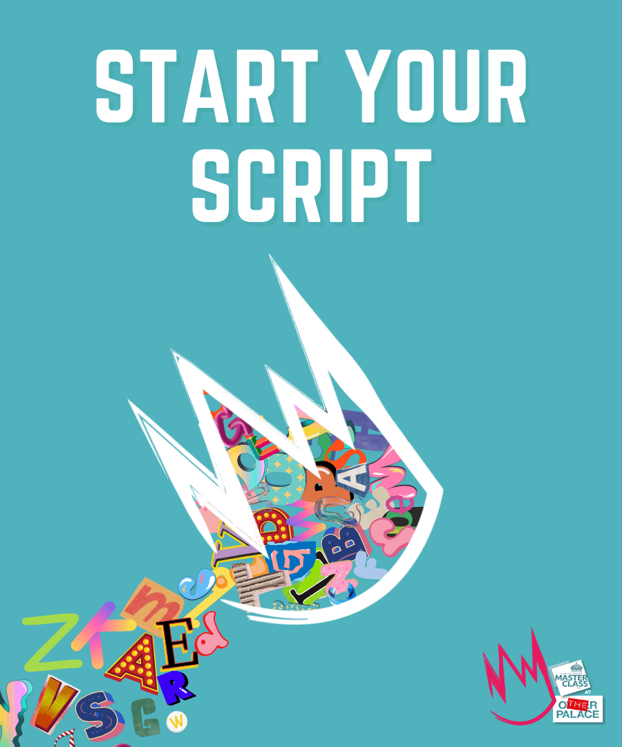 White crown filled with vibrant letters toppling out, white title Start Your Script.