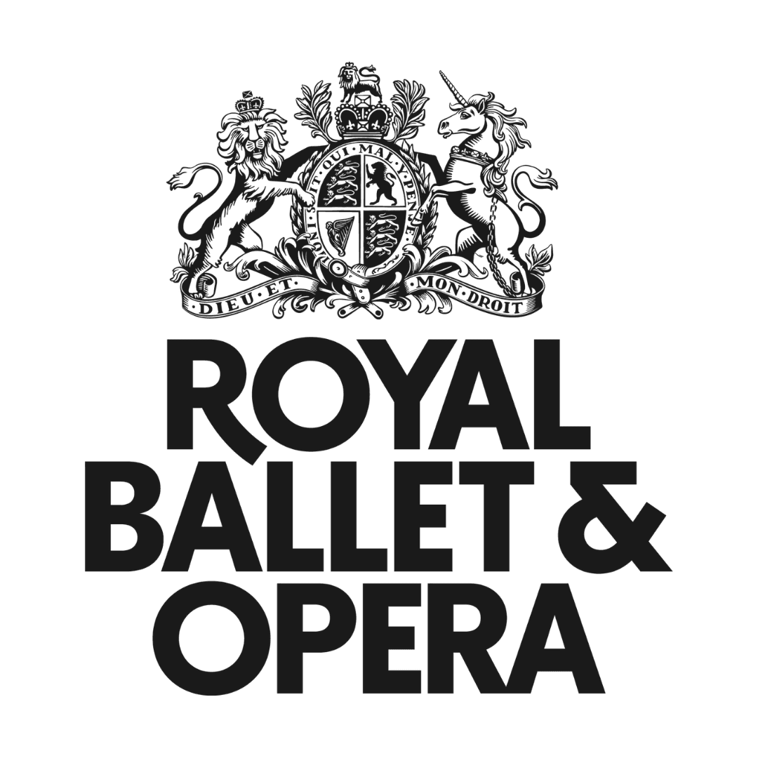 Logo of the Royal Ballet & Opera featuring a crowned British lion and a unicorn flanking a shield with motto "Dieu et mon droit."