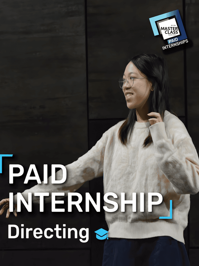 Young person in cozy sweater gestures with hands, promoting a paid directing internship by Masterclass Theatre Trust.