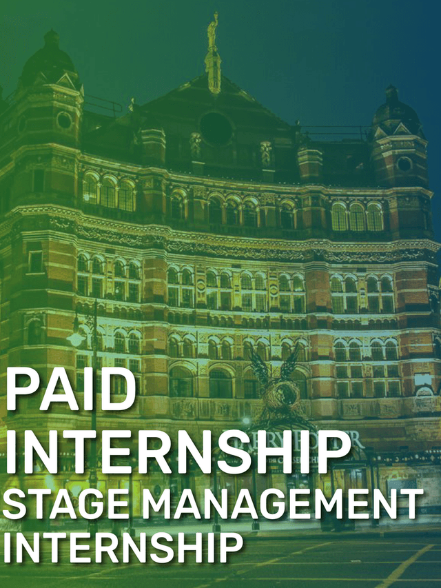 The Palace Theatre at night, featuring white text advertising a paid stage management internship opportunity.